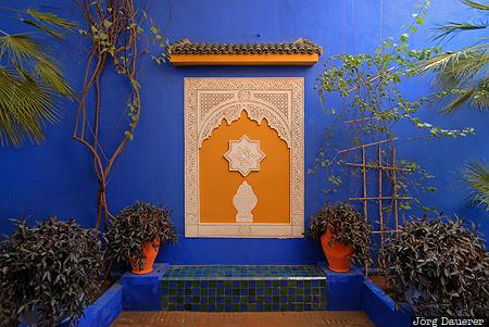 Africa, artist's landscape garden, blue, botanical garden, flower pot, garden, Jardin Majorelle, Morocco, Marrakech-Tensift-Al Haouz, Marrakech, Marokko, Marrakesh, Murakush