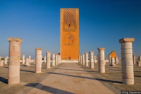 Hassan Tower blue sky, columns, Hassan Tower, minaret, morning light, Morocco, Rabat, Rabat-Salé-Zemmour-Zaër, Marokko, Rabat-Sale-Zemmour-Zaer