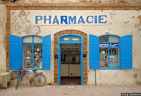 Facade of a Pharmacy Essaouira, Marrakech-Tensift-Al Haouz, Morocco, bicycle, blue, door frame, facade, Marokko