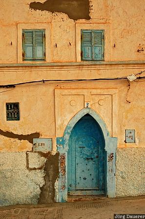 Morocco, Sidi Ifni, Souss-Massa-Drâa, blue, crumbling plaster, door, facade, Marokko