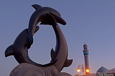 Arabia, Muscat Governorate (Capital Area), Muttrah, Oman, OMN, blue hour, dolphin