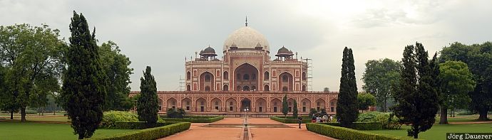 India, New Delhi, tomb, trees, sky, dark clouds, panorama