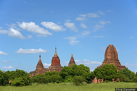 Bagan, blue sky, Burma, clouds, green, Mandalay-Region, pagoda, Myanmar