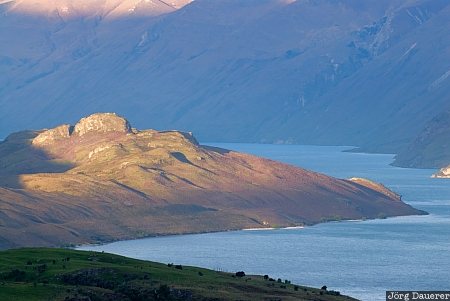 Glendhu, New Zealand, Wanaka, blue sky, clouds, Diamond Lake viewpoint, evening light, Otago, Neuseeland