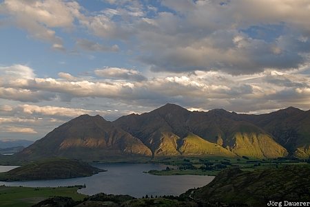 Glendhu, New Zealand, Wanaka, blue sky, clouds, Diamond Lake viewpoint, evening light, Otago, Neuseeland