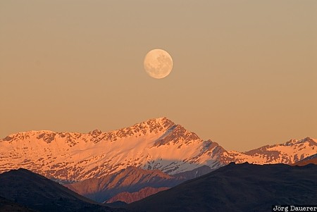 Frankton, New Zealand, Otago, Alpenglow, moon, moon-set, morning light, Neuseeland