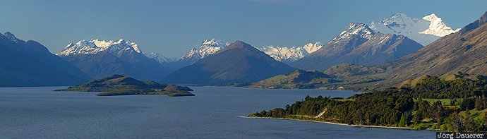 Lake Wakatipu blue sky, coast, Creighton, evening light, island, lake, Lake Wakatipu, New Zealand, Neuseeland
