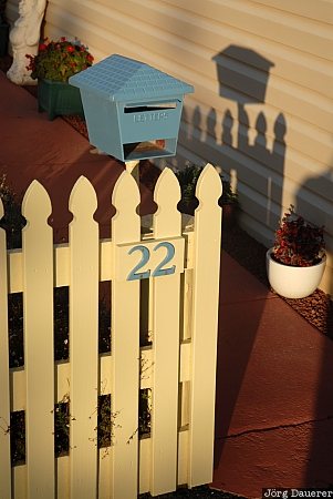 Australia, Tasmania, Stanley, fence, mailbox, shadow, yellow