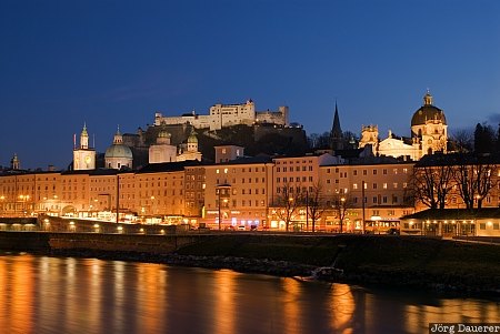 artificial light, blue hour, castle, evening light, Festung Hohensalzburg, reflexion, river, Austria, Österreich, Oesterreich