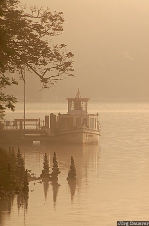 Austria, Styria, Grundlsee, boat, fog, lake, mist, Österreich, Steiermark, Oesterreich