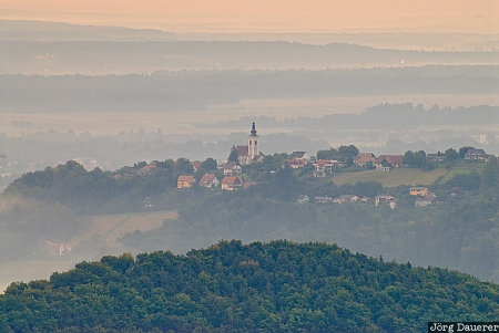 Morning fog over Styria Austria, Steiermark, Kitzeck im Sausal, church, fog, hills, mist