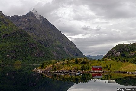 Sløverfjorden Reflexion Austvågøy, boat, boats, Budalen, clouds, Fiskebøl, hut, Norway, Nordland, Norwegen, Norge