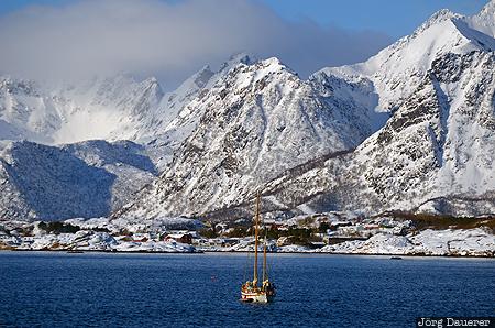 Lofoten Wall NOR, Nordland, Norway, arctic circle, Austvågøy, blue sky, boat, Norwegen, Norge