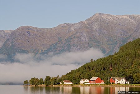 Hjelle, Loen, Norway, Sogn og Fjordane, fog, lake, morning light