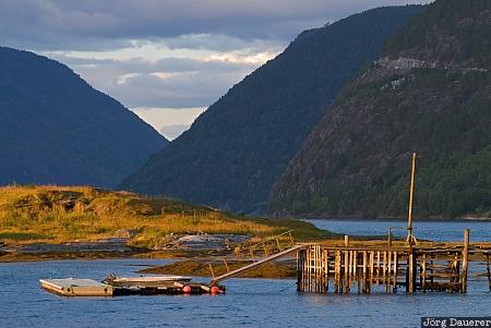 evening light, Fardal, Fimreite, hut, jetty, low light, Norway, Sogn og Fjordane, Norwegen, Norge