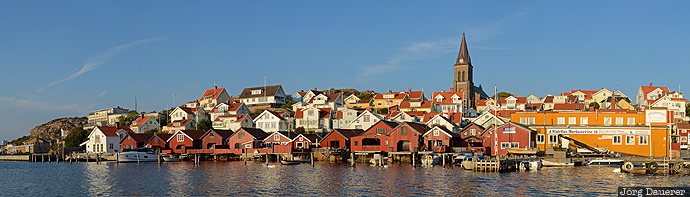 blue sky, Bohuslän, church, evening light, Fjällbacka, huts, Kattegat, Sweden