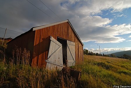 Red Hut Senja, Botnhamn, clouds, dark clouds, decaying, Hamnnes, hut, Norway, Troms, Norwegen, Norge