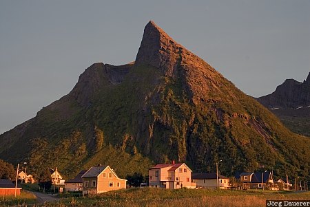 Ersfjord buildings, Ersfjord, evening light, houses, mountains, Norway, peaks, Troms, Norwegen, Norge