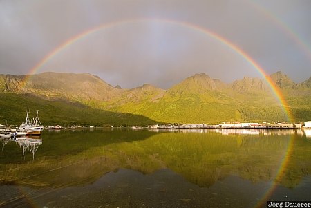 rainbow, boats, dark clouds, Grashopen, mountains, Norway, Norwegian Sea, Troms, Norwegen, Norge