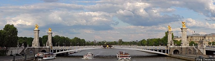 boats, bridge, clouds, evening light, gold, Pont Alexandre III, river, France, Frankreich