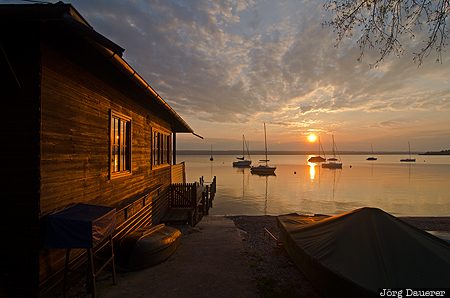 Bavaria, DEU, wood, boat house, boats, clouds, evening light, Germany, Herrsching, Deutschland, Bayern