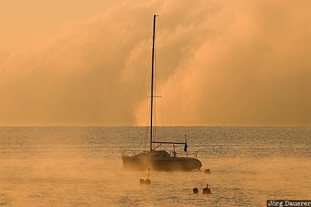 Bavaria, Germany, Holzhausen, Utting am Ammersee, Ammersee, boats, fog, Tutzing, Deutschland, Bayern