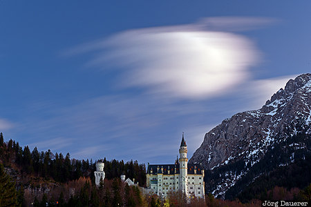 Neuschwanstein Castle alps, Bavaria, blue hour, castle, clouds, evening light, flood-lit, Germany, Schwangau, Deutschland, Bayern