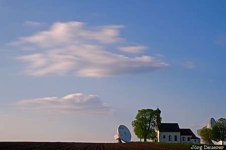 Bavaria, bavarian alps, blue sky, chapel, clouds, Erdfunkstelle, evening light, Germany, Raisting, Deutschland, Bayern