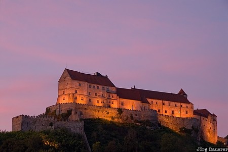 Upper Bavaria, bavaria, Burghausen, castle, colorful clouds, evening light, floodlight, Germany, Deutschland, Bayern