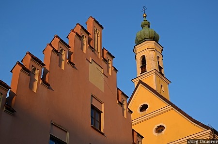 Bavaria, blue sky, Lower Bavaria, church, evening light, gable, red, Germany, Landshut, Deutschland, Bayern