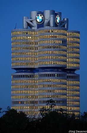 Germany, Bavaria, Munich, blue hour, night, skyscraper, BMW Vierzylinder, Deutschland, Bayern, München, Muenchen