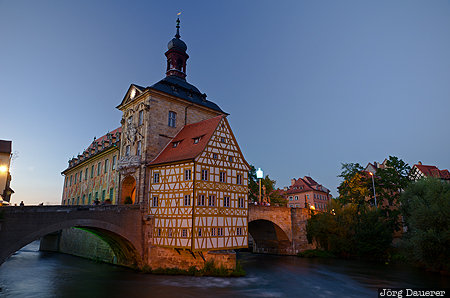 Bamberg, Bavaria, blue hour, evening light, flood-lit, half-timber, Old town hall, Germany, Deutschland, Bayern