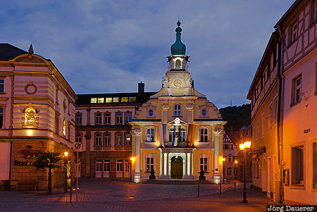 Kulmbach Town Hall Bavaria, blue hour, evening light, flood-lit, illuminated, oberfranken, town hall, Germany, Kulmbach, Deutschland, Bayern