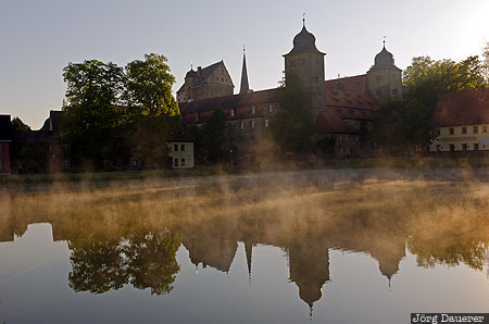 Castle of Thurnau Bavaria, Castle of Thurnau, fog, mist, morning light, oberfranken, pond, Germany, Thurnau, Deutschland, Bayern