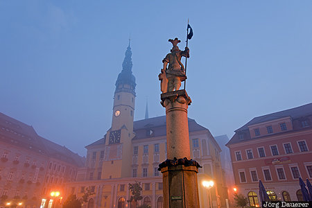 Bautzen, DEU, Germany, central market, city hall, flood-lit, fog, Saxony, Deutschland, Sachsen