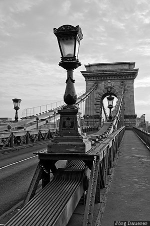 Budapest, HUN, Hungary, black and white, bridge, Danube, Kettenbrücke
