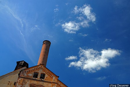 Czech Republic, Jindrichuv Hradec, Jindrichuv Hradec II, blue sky, chimney, clouds, facade, South Bohemia, Tschechien, Südböhmen, Jihoceský kraj, Suedboehmen, Jihocesky kraj