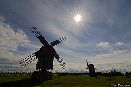 EST, Estonia, Karja, Saaremaa, Angla Windmill, back-lit, Baltic Sea, Kuressaare