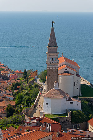 church, church of Saint George, evening light, Mediterranean Sea, roofs, Slovene Littoral, Slovenia, Piran