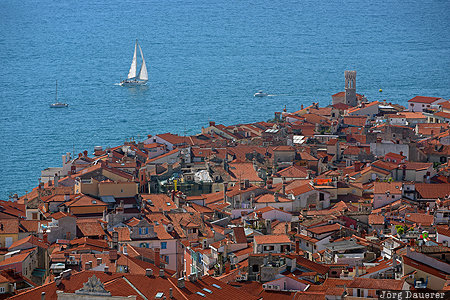 Piran, Adriatic Sea, afternoon light, mediterranean Sea, roofs, sailing boat, Slovene Littoral, Slovenia