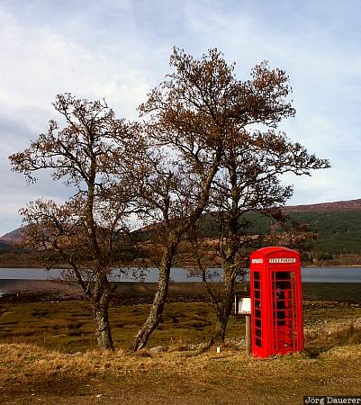 phone booth, Scotland, highlands, red, trees, Loch Shiel, GB, United Kingdom, Großbritannien, Vereinigtes Königreich, Schottland, Grossbritannien, Vereinigtes Koenigreich