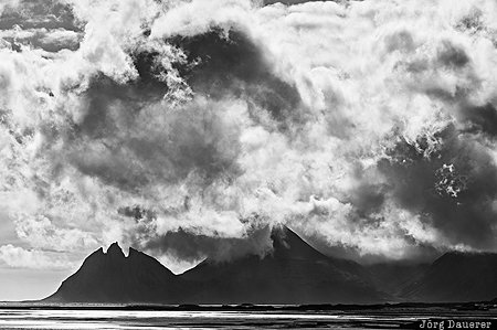 Vestrahorn Austurland, Höfn, Iceland, ISL, atlantic ocean, black and white, clouds, Hoefn