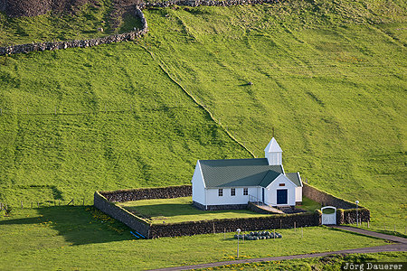 Dalur, Faroe Islands, FRO, church, evening light, green, meadow, Sandoy, Färöer-Inseln, Faeroeer-Inseln
