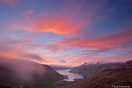 Kollafjørður Sunrise Faroe Islands, FRO, fjord, fog, Kollafjørður, morning light, red clouds, Steymoy, Färöer-Inseln, Kollafjordur, Faeroeer-Inseln