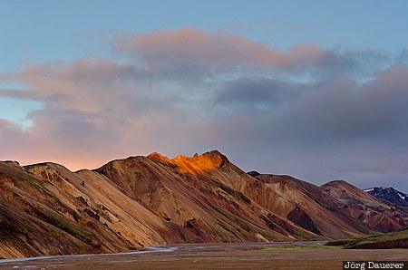 Iceland, ISL, Su&eth;urland, blue sky, highlands, brown, evening light, Landmannalaugar, Sudurland
