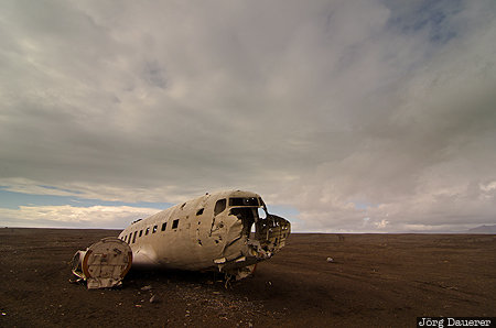 Iceland, ISL, blue sky, clouds, coast, Douglas C 117-D, lava sand, Austurland, Sólheimasandur, Solheimasandur