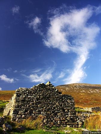 ruin, Achill Island, Republic of Ireland, cloud, blue sky, deserted village, Mayo, Ireland, Irland