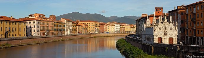 banks, blue sky, church, evening light, facade, Italy, Tuscany, Italien, Italia