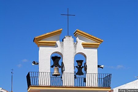 Spain, Andalusia, Olvera, bells, blue sky, church, fence, Spanien, Espana, Andalucia, Andalusien