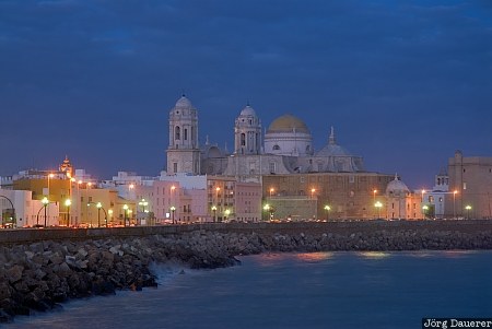 Andalusia, blue hour, Cadiz, Cádiz, cathedral, church, illumination, Spain, Spanien, Espana, Andalucia, Andalusien